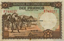 10 Francs BELGISCH-KONGO  1942 P.14Ba fSS
