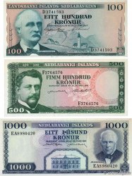 100, 500 et 1000 Kronur Lot ISLAND  1957 P.40, P.45a et P.46a fST+