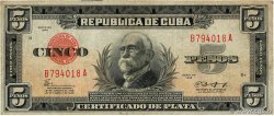 5 Pesos CUBA  1943 P.070e BC