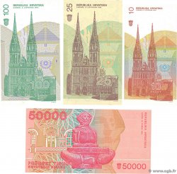 10, 25, 100 et 50000 Dinara Lot CROACIA 1991 P.18, P.19, P.20 et P.26 FDC