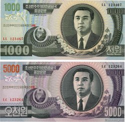 1000 et 5000 Won Lot CORÉE DU NORD 2002 P.48C NEUF
