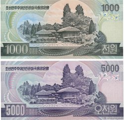 1000 et 5000 Won Lot CORÉE DU NORD 2002 P.48C NEUF
