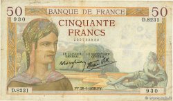 50 Francs CÉRÈS modifié FRANCE 1938 F.18.12 TB