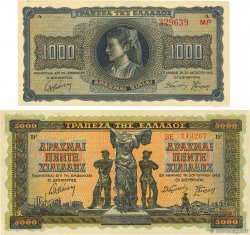 1000 et 5000 Drachmes Lot GRÈCE 1942 P.118a et P.119 SUP
