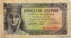 5 Pesetas ESPAGNE 1943 P.127a B+