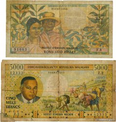 1000 Francs - 200 Ariary et 5000 Francs - 1000 Ariary Lot MADAGASCAR 1966 P.059a et P.060a B