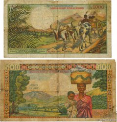 1000 Francs - 200 Ariary et 5000 Francs - 1000 Ariary Lot MADAGASCAR 1966 P.059a et P.060a B