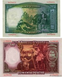 100 et 500 Pesetas Lot ESPAGNE 1931 P.083 et P.084 TTB à SUP