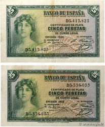 5 Pesetas Lot SPAIN 1935 P.085a VF+