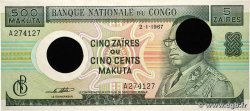 5 Zaïres - 500 Makuta Annulé CONGO, DEMOCRATIC REPUBLIC 1967 P.013a