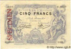 5 Francs Spécimen ALGÉRIE  1919 P.002s SPL