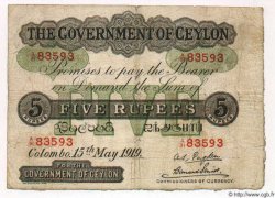 5 Rupees CEYLAN  1919 P.11b B+