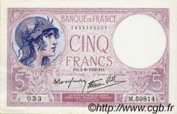 5 Francs FEMME CASQUÉE modifié FRANCE  1939 F.04.04 pr.SPL