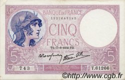 5 Francs FEMME CASQUÉE modifié FRANCE  1939 F.04.06 SUP