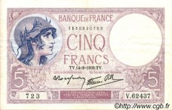 5 Francs FEMME CASQUÉE modifié FRANCE  1939 F.04.08 SUP+