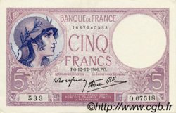 5 Francs FEMME CASQUÉE modifié FRANCE  1940 F.04.17 pr.SPL