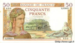 50 Francs CÉRÈS modifié FRANCE  1937 F.18.04 SUP à SPL