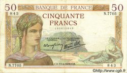 50 Francs CÉRÈS modifié FRANCE  1938 F.18.10 pr.TTB