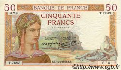 50 Francs CÉRÈS modifié FRANCE  1938 F.18.10 SUP