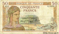 50 Francs CÉRÈS modifié FRANCE  1940 F.18.38 TB