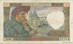 50 Francs JACQUES CŒUR FRANCE  1941 F.19.12 TTB