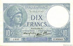 10 Francs MINERVE modifié FRANCE  1941 F.07.30 SUP