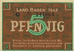 5 Pfennig ALLEMAGNE Baden 1947 PS.1001a SUP