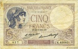 5 Francs FEMME CASQUÉE FRANCE  1931 F.03.15 TB
