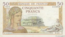 50 Francs CÉRÈS modifié FRANCE  1939 F.18.32 TTB