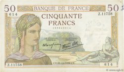 50 Francs CÉRÈS modifié FRANCE  1939 F.18.36 TTB