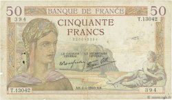 50 Francs CÉRÈS modifié FRANCE  1940 F.18.42 VG