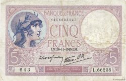 5 Francs FEMME CASQUÉE modifié FRANCE  1940 F.04.15 TB