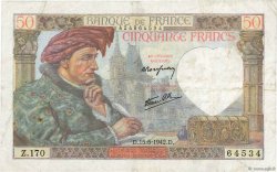 50 Francs JACQUES CŒUR FRANCE  1942 F.19.20 TTB