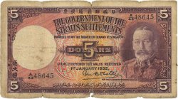 5 Dollars MALAISIE - ÉTABLISSEMENTS DES DÉTROITS  1932 P.17a pr.B