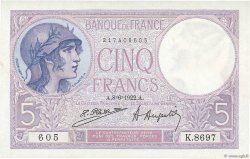 5 Francs FEMME CASQUÉE FRANCE  1922 F.03.06 NEUF