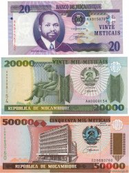 20, 20000 et 50000 Meticais Lot MOZAMBIQUE 1993 P.138, P.140 et P.143a UNC