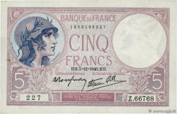 5 Francs FEMME CASQUÉE modifié FRANCE 1940 F.04.16 SUP