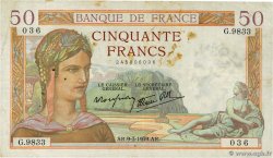 50 Francs CÉRÈS modifié FRANCE 1939 F.18.23 TB