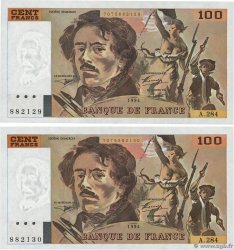 100 Francs DELACROIX 442-1 & 442-2 Consécutifs FRANCE 1994 F.69ter.01c