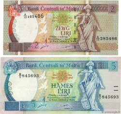 2 et 5 Liri Lot MALTE 1989 P.42 et P.45a TB+