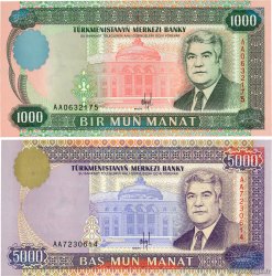1000 et 5000 Manat Lot TURKMÉNISTAN  1996 P.08 et P.09