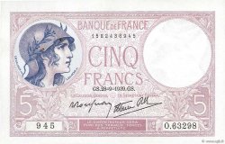 5 Francs FEMME CASQUÉE modifié FRANCE  1939 F.04.10 SUP à SPL