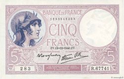 5 Francs FEMME CASQUÉE modifié FRANCE  1940 F.04.17 UNC-