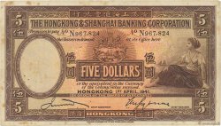 5 Dollars HONG KONG  1941 P.173d TTB