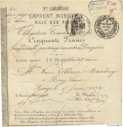 50 Francs FRANCE régionalisme et divers Les Riceys 1872 JER.10.08b TTB