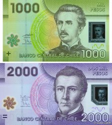 Lot de 2 billets 1000 et 2000 Pesos CHILI  2010 P.LOT