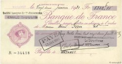5322,15 Francs FRANCE regionalismo e varie Mazamet 1931 DOC.Chèque