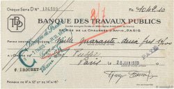 1042,10 Francs FRANCE régionalisme et divers Paris 1939 DOC.Chèque
