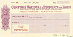 Francs FRANCE Regionalismus und verschiedenen Lyon 1943 DOC.Chèque