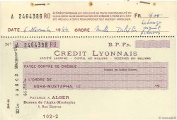 Francs FRANCE regionalism and miscellaneous Alger 1944 DOC.Chèque